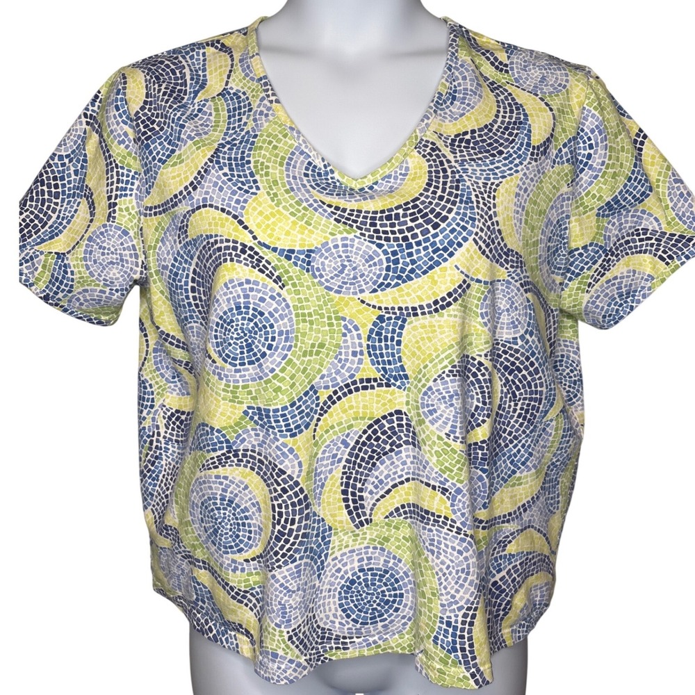 Talbots Womens Blue Green Mosaic Swirl V-Neck T-Shirt 1X Coastal‎ Stretch Artsy
